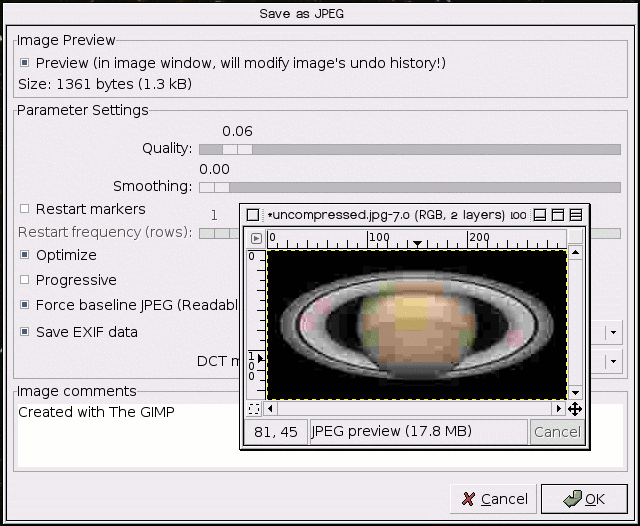 Dialog for Image Saving as JPEG