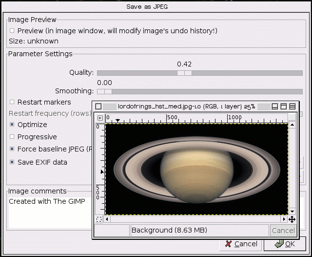 Dialog for Image Saving as JPEG