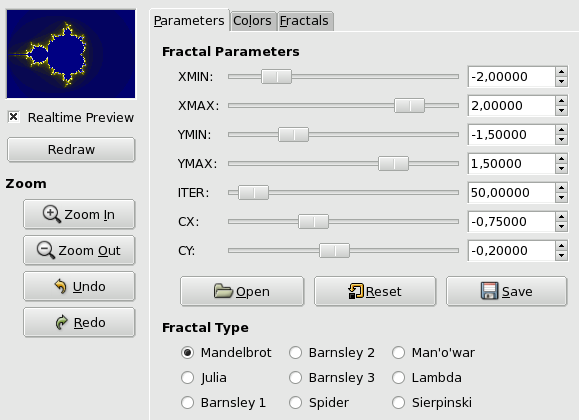"Parameters" options for Fractal Explorer filter