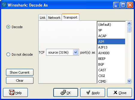 The "Decode As" dialog box