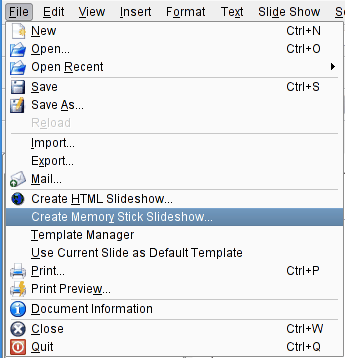 The KPresenter Create Memory Stick
Slideshow... menu selection.