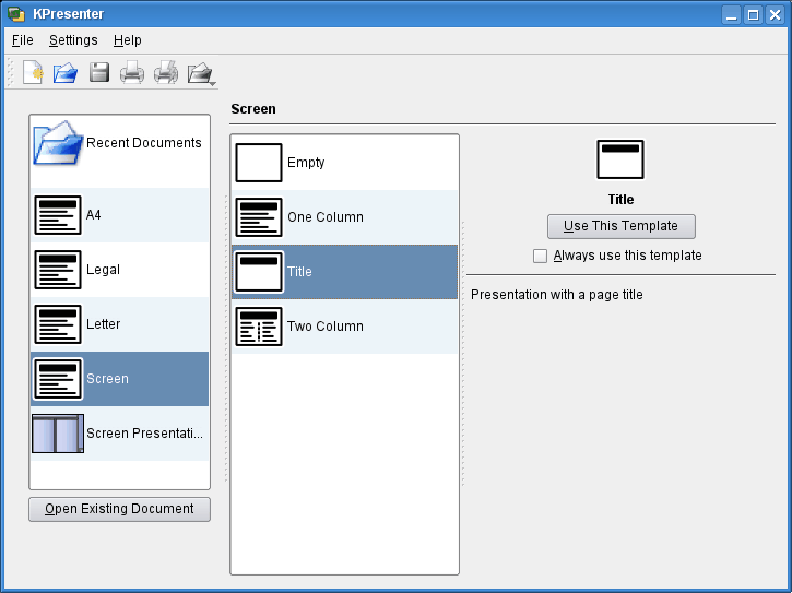 The KOffice startup dialog