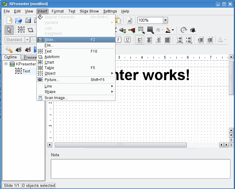 Inserting a slide from the menu